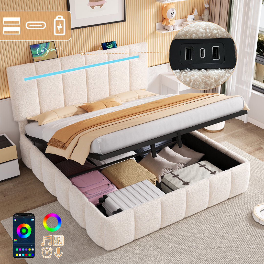 Upholstered beige boucle divan double bed with storage LED lights 135x190cm MAGMASWELL UK