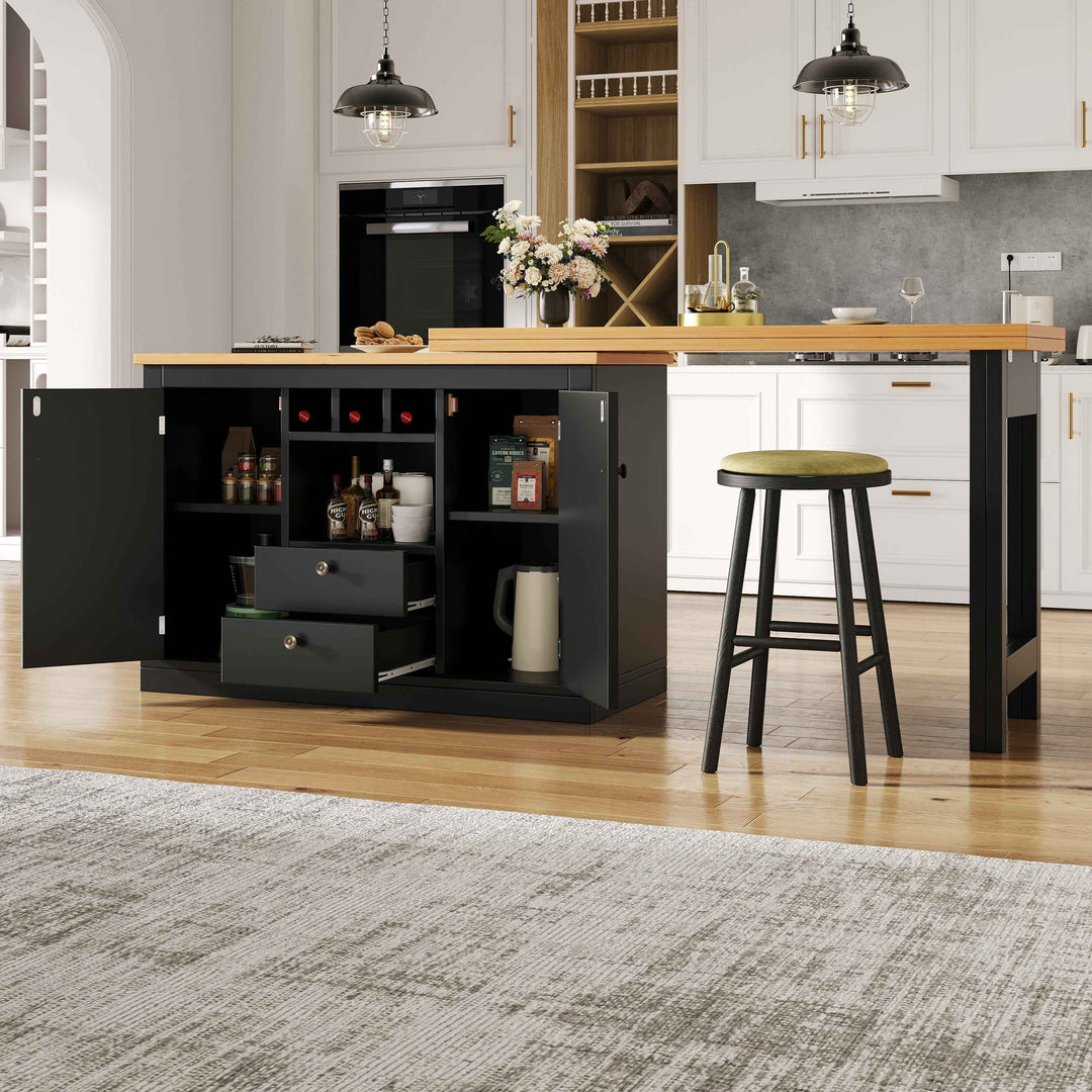 Rotatable Bar Table 120-180cm Black MDF – Extendable Kitchen Island with Storage, Wine Rack, Adjustable Shelves, Space-Saving Design for Dining & Living Room