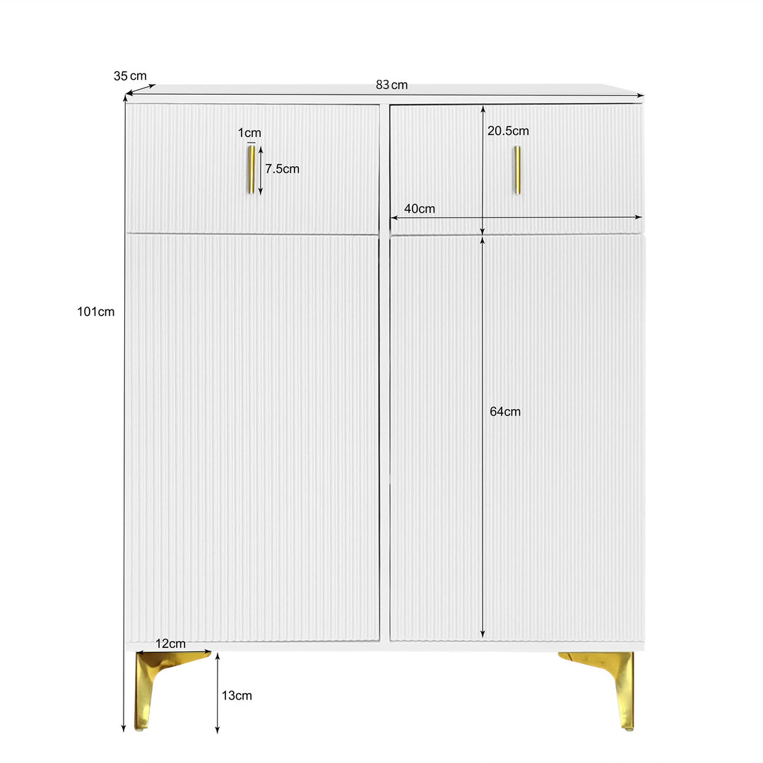 White shoe cabinet with textured panels and golden legs FERNCREST UK