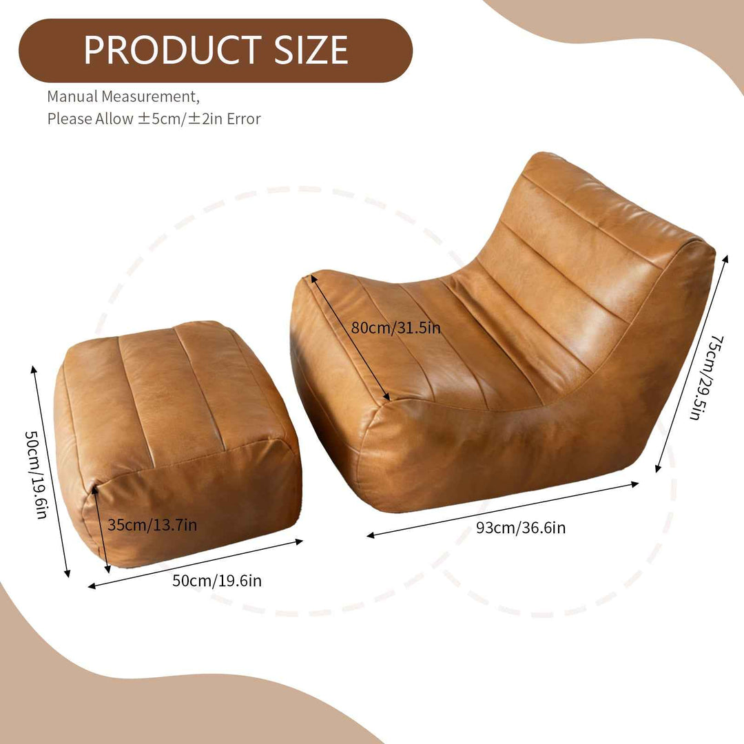 Cozy Tech Fabric Lazy Lounge Sofa Set with Footstool, Brown Faux Leather, Anti-Slip Base, No Assembly, Space-Saving Home Furniture for Living Room or Bedroom