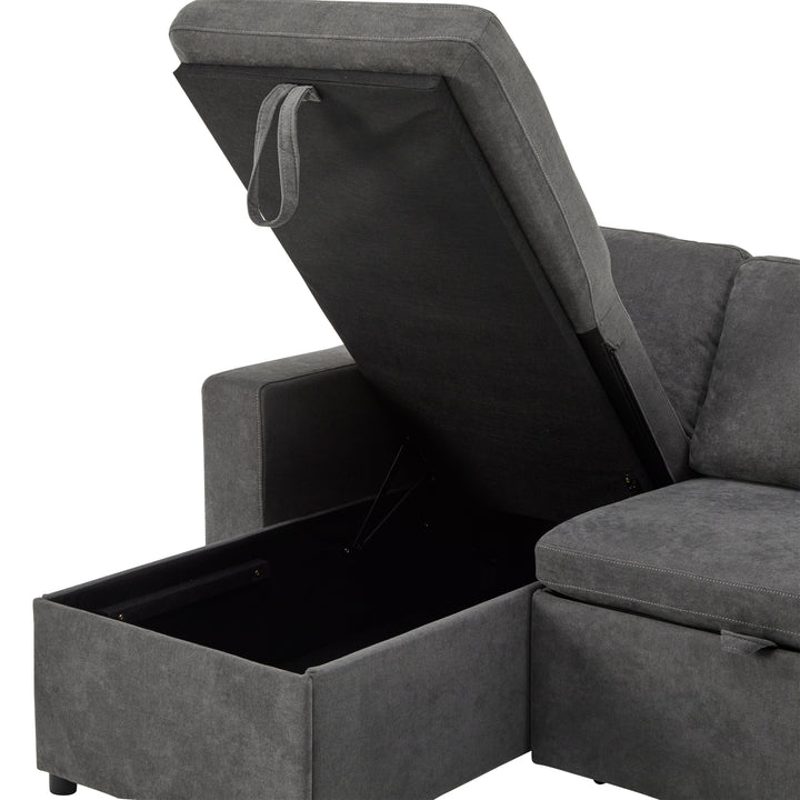 Grey L-shaped corner sofa bed, side shelf with integrated USB and storage VOLATILGAS