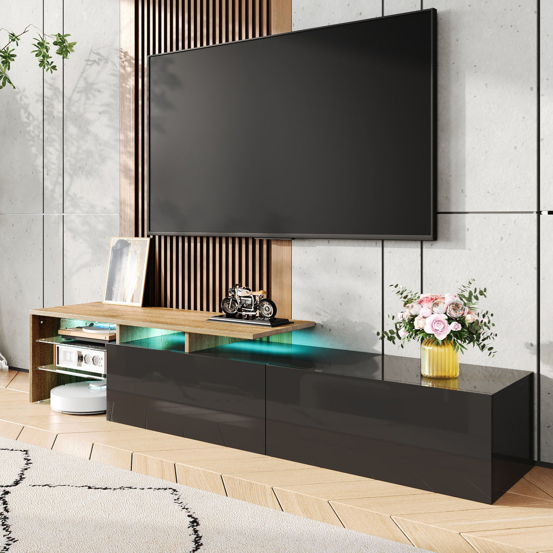 Modern black high gloss TV cabinet with glass shelves and LED lighting KETTLEHOLE