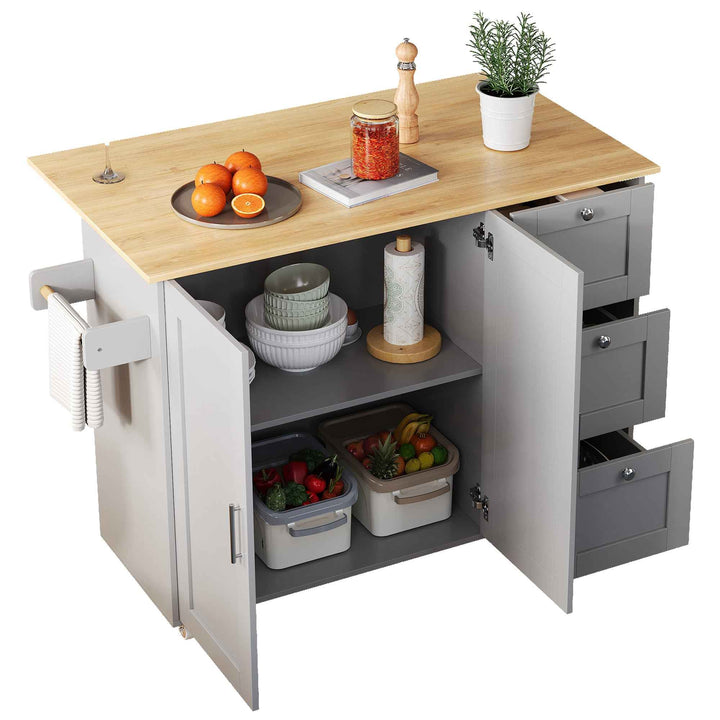 00+Kitchen Island on Wheels Grey Foldable Tabletop, 3 Drawers, 2 Doors, for Dining & Living Room VERTEXRYN