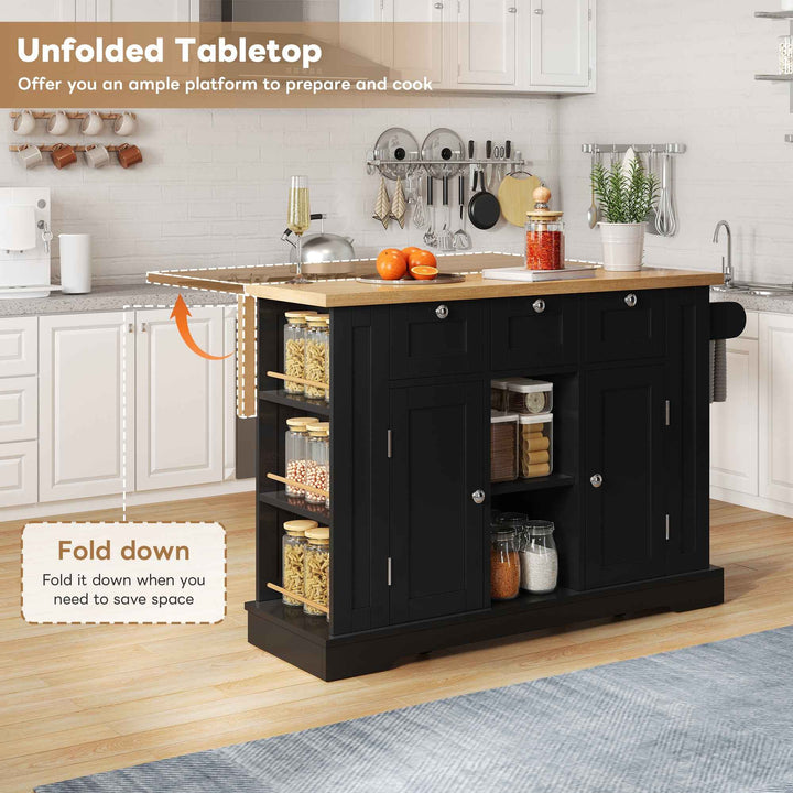 00+Kitchen Island on Wheels 132cm, Foldable Drop Leaf, MDF, Natural+Black, 3 Drawers, Spice Rack, Towel Holder, Charging Station VERTEXKORR