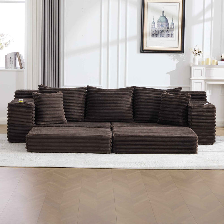 3-seater modular sofa bed, corduroy brown, and side pockets 273cm RACKRATTAN