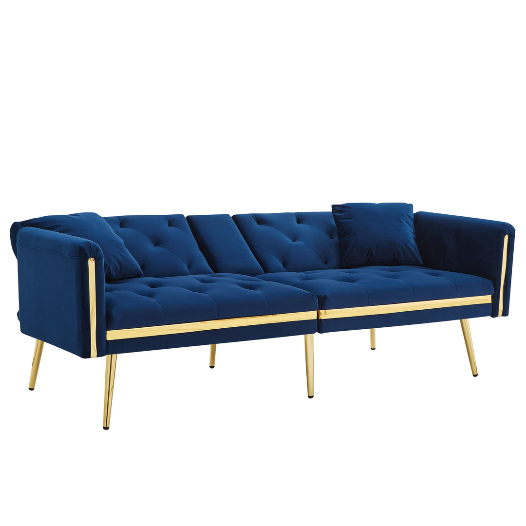 Blue velvet tufted 2-seater sofa bed with gold legs hidden fold-down cup holder FUMAROLEVENT