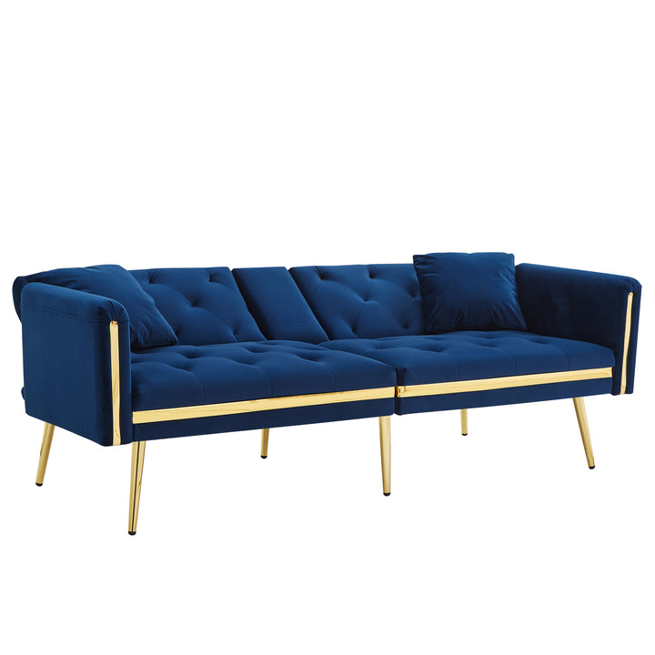 Blue velvet tufted 2-seater sofa bed with gold legs hidden fold-down cup holder FUMAROLEVENT