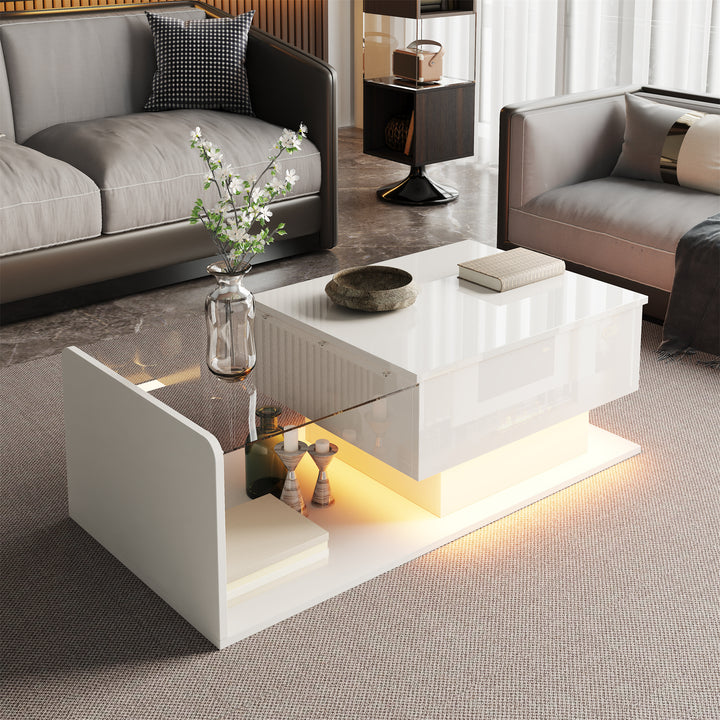 White high-gloss rectangular coffee table and LED lighting with glass top LUNG