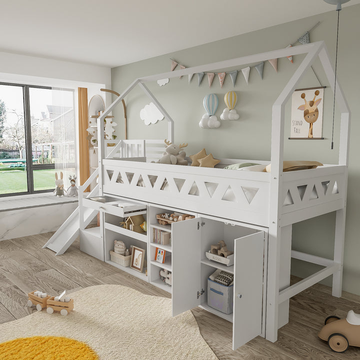 White wooden loft children single bed with slide, stairs, and storage (90x190cm) BLOOMPEAK