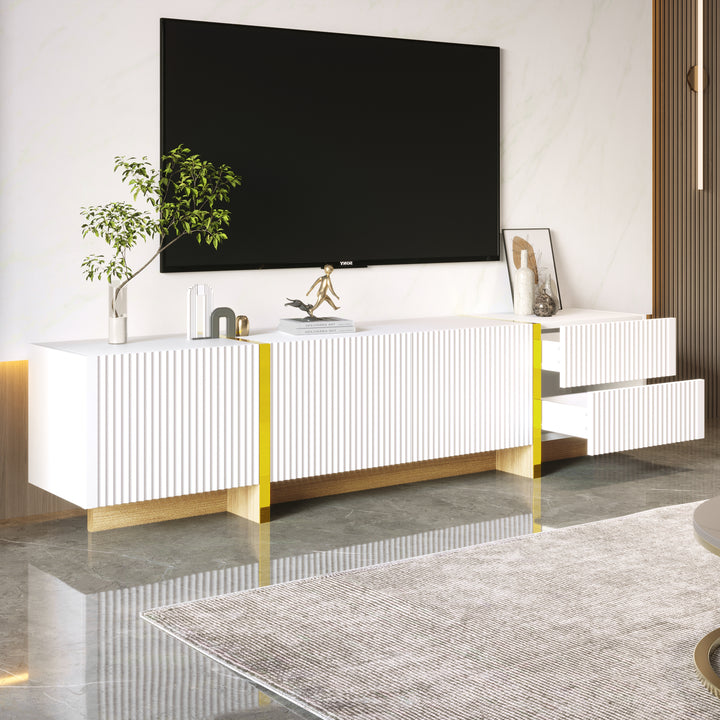 White fluted TV cabinet 3 doors, 2 drawers 190cm gloden accent CONNECTIV