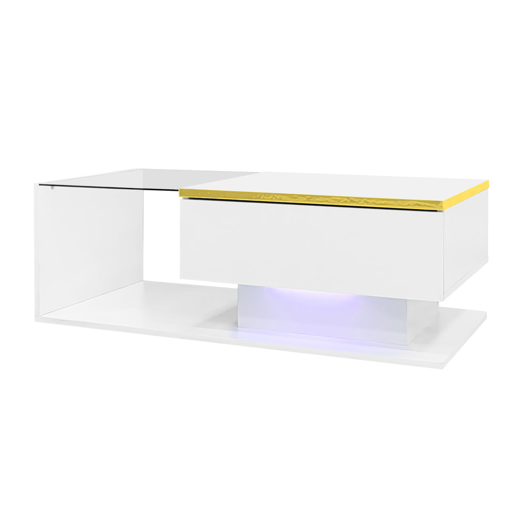 Modern high gloss white coffee table with LED lights golden accent SHEATH