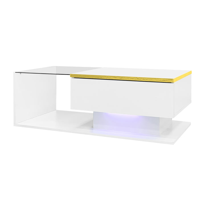 Modern high gloss white coffee table with LED lights golden accent SHEATH