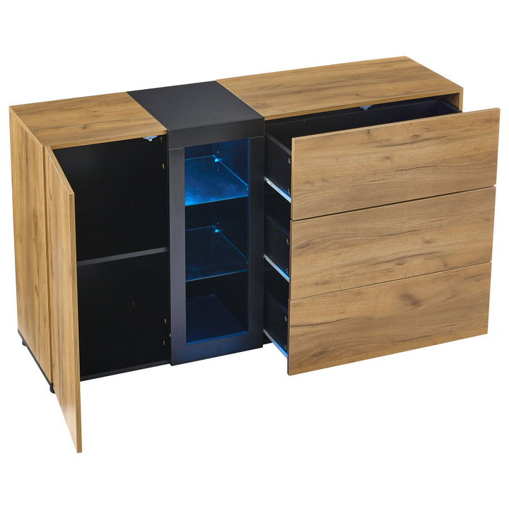 Wooden and Black Sideboard Cabinet with 3 Drawers, Glass Shelves and LED Lights 140 cm TRISHELF