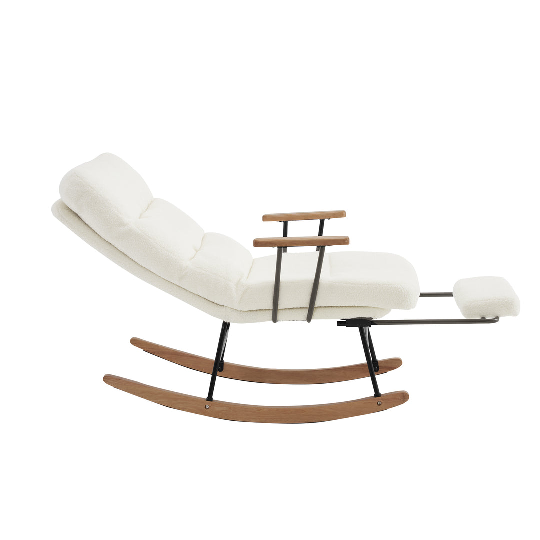 White boucle fabric nursery rocking chair with glider footrest PATINA UK