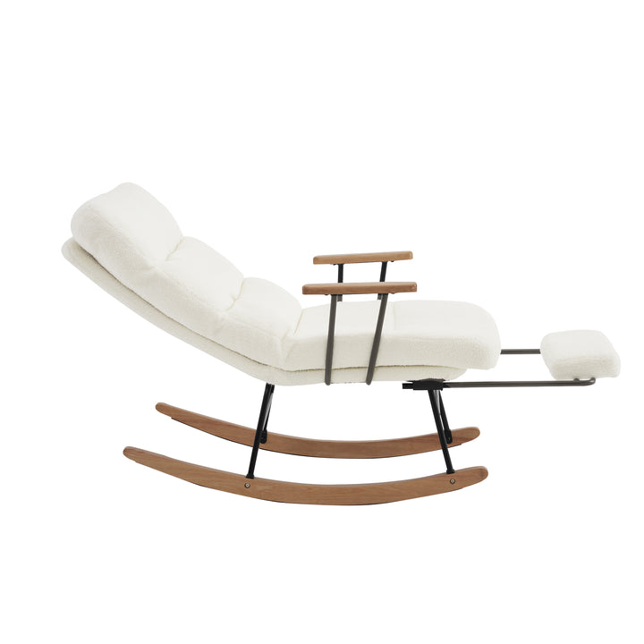 White boucle fabric nursery rocking chair with glider footrest PATINA UK