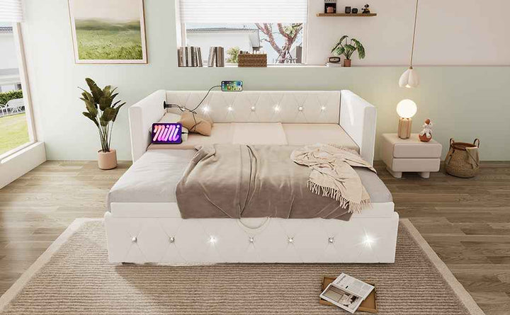 Daybed Single Upholstered Bed with USB & Type C Charging, 3FT Velvet Sofa Bed with Pull-Out Trundle, Beige, 90x190cm, Space-Saving for Living Room & Bedroom