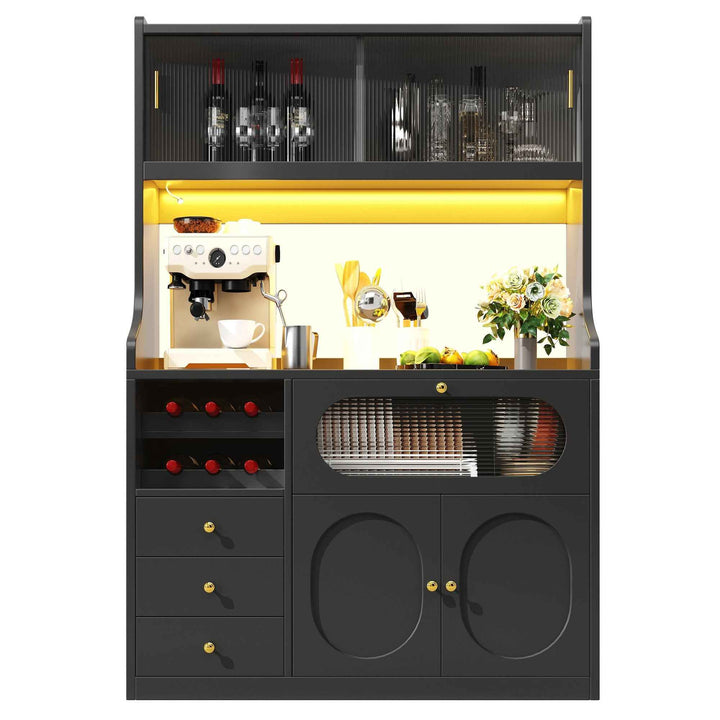 Black kitchen hutch cabinet with RGB LED, glass doors, wine rack & drawers 120x40x180cm QUADVANITY