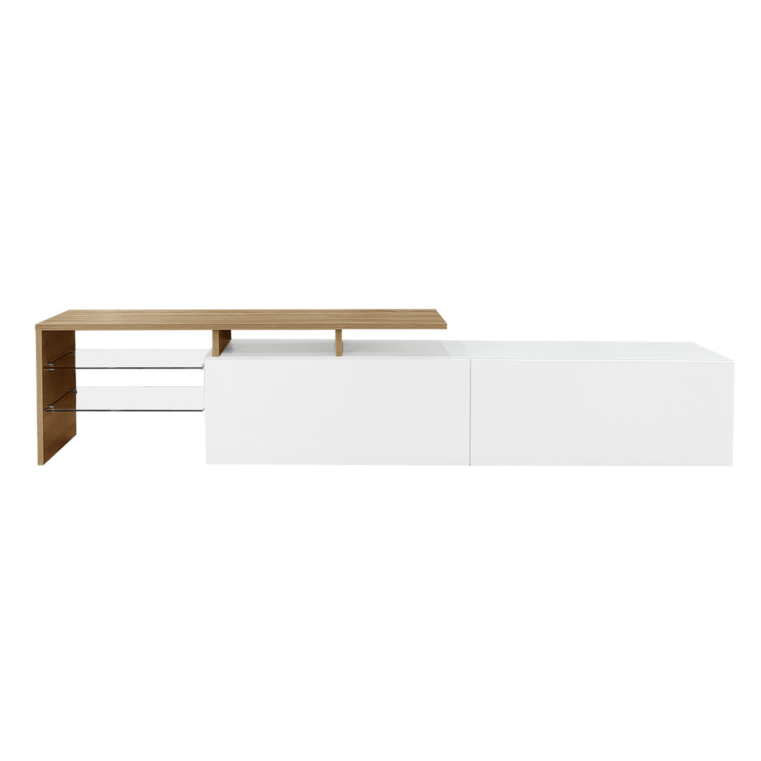 White hihg-gloss TV cabinet storage space, wood look, glass shelves, LED lighting MOLD