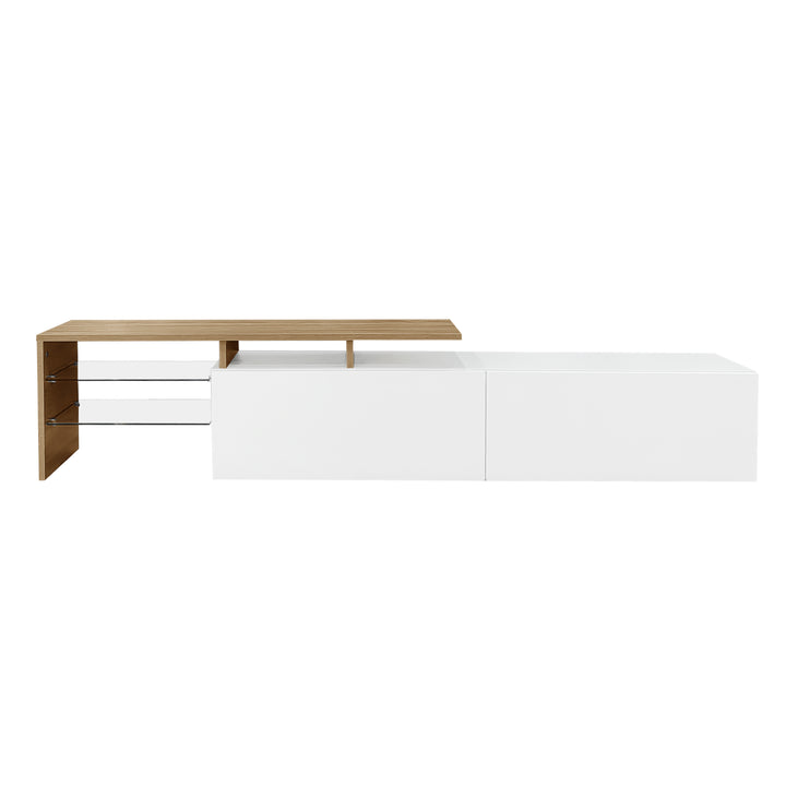 White hihg-gloss TV cabinet storage space, wood look, glass shelves, LED lighting MOLD