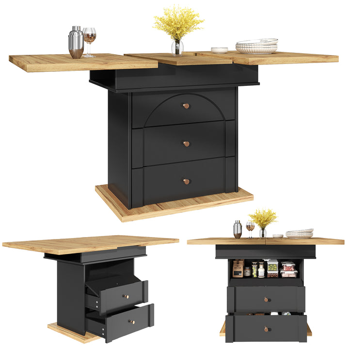 Extendable wooden dining table (110-140×80 cm) black shlef and 2 drawers SUNSPOT