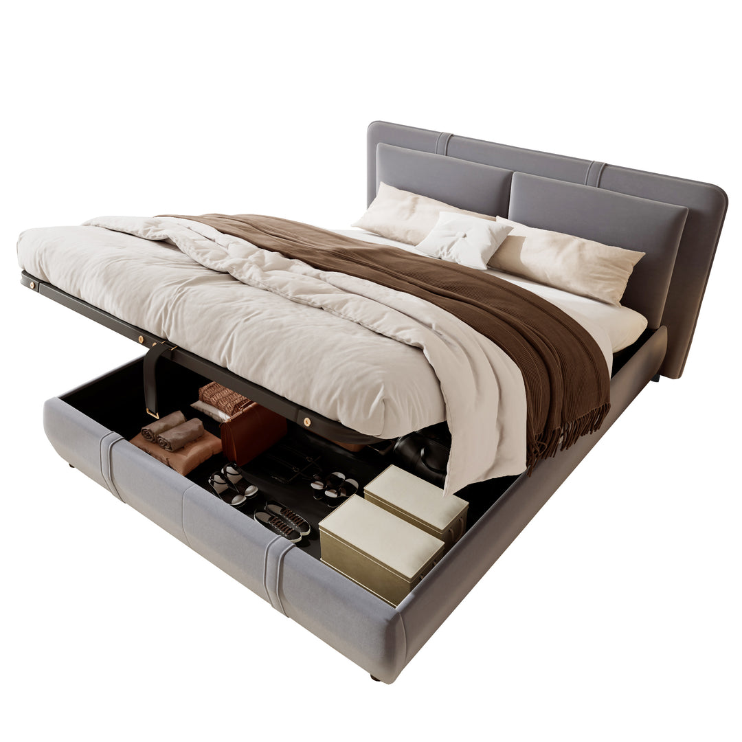 Upholstered velvet grey, hydraulic ottoman double bed with storage function 135×190cm KELPFROND