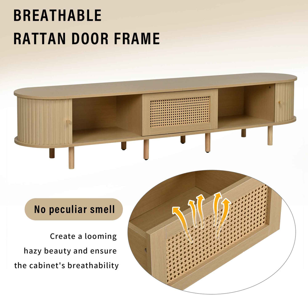 TV stand light wood 1 rattan drawer & 2 sliding doors, rounded corners 180cm