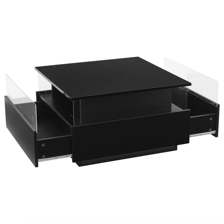 Modern LED light high gloss black square coffee table with 2 drawers THERAPY