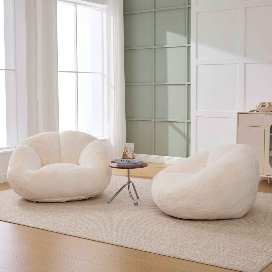 Lazy chair shell shaped sofa beige faux fur, memory foam bean bag chair removable cover