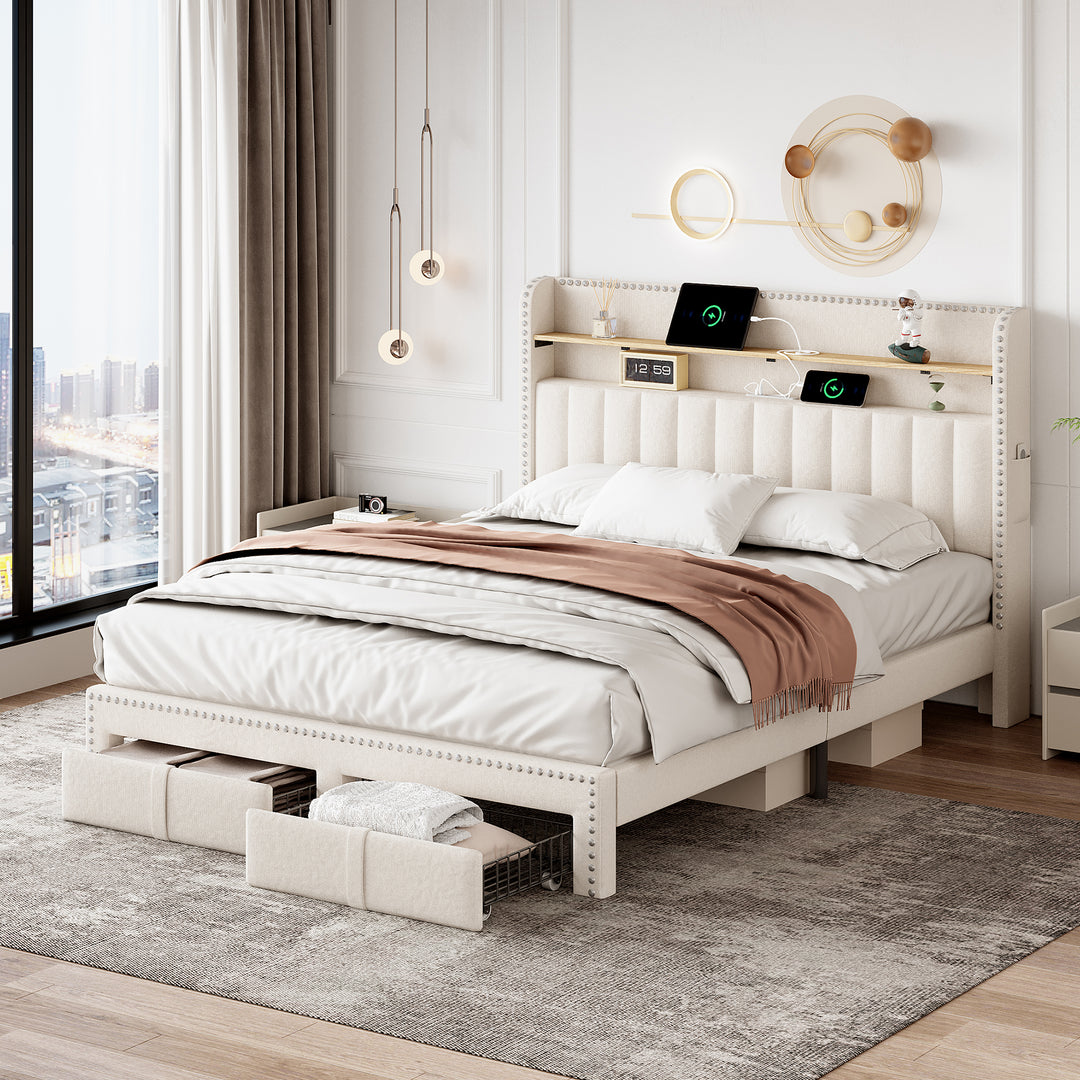 Beige linen upholstered divan double Bed 135x190cm with 2 storage drawers and LED lighting & charging ports (no mattress) OGHAMNOTCH