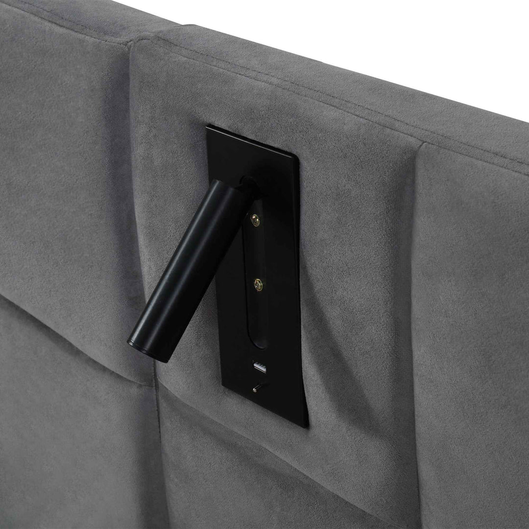 Super king size upholstered ottoman bed 6ft velvet grey with USB charging & lamp, wide headboard no mattress or bedside tables