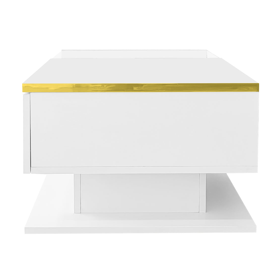 Modern high gloss white coffee table with LED lights golden accent SHEATH