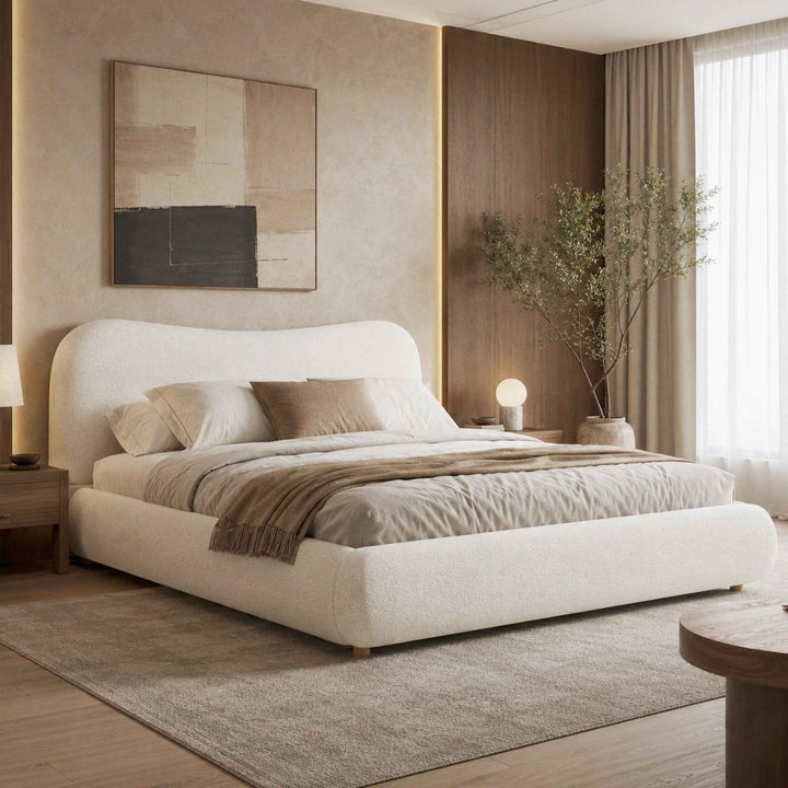 Ottoman Storage Bed Frame 135x190cm Double Boucle Upholstered, Curved Headboard, Warm White, Space Saving, Modern Style