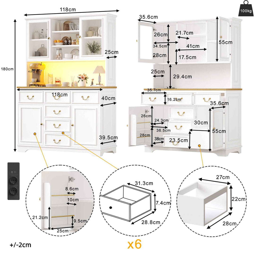 Tall white kitchen cabinet with LED lighting, USB ports & sockets 118x39.5x180cm
