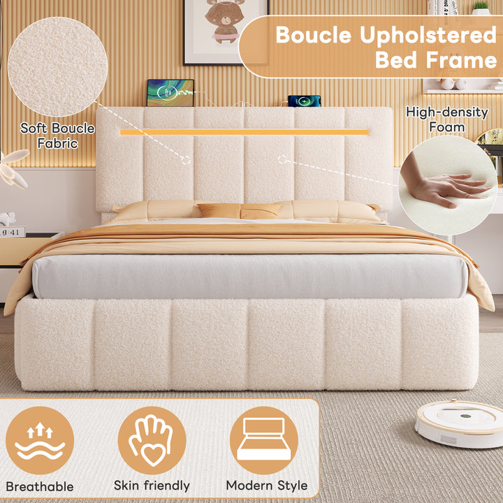 Upholstered beige boucle divan double bed with storage LED lights 135x190cm MAGMASWELL UK