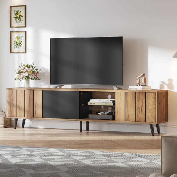 TV stand cabinet wood look & black, 3 doors glass shelf FLAREKRYOS