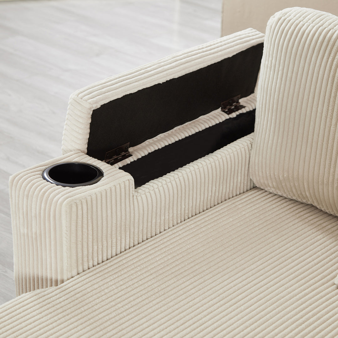 Beige corduroy 3-seater sofa bed trundle bed with storage and USB ports SPELEOTHEM UK