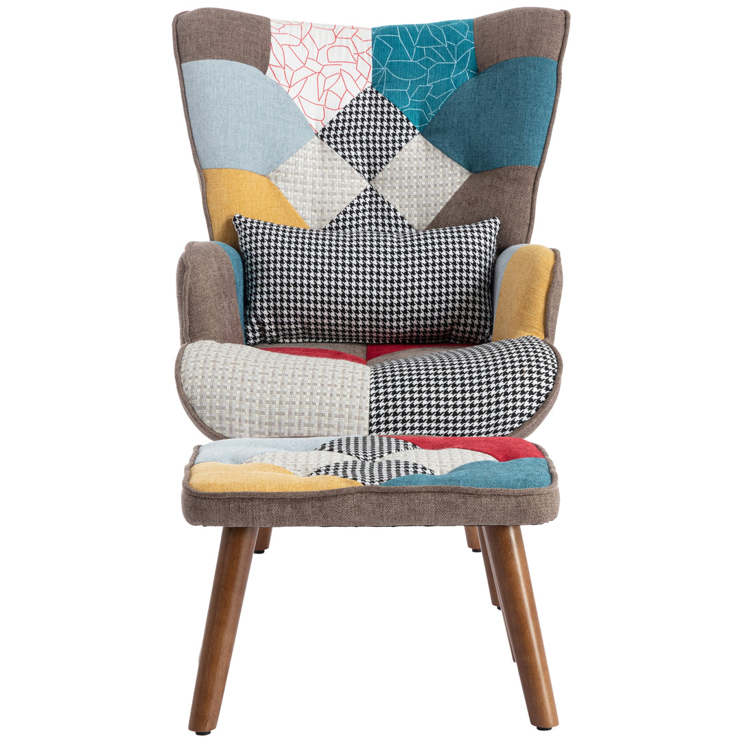 Multi-colour patchwork wingback lounge chair with footrest, backrest and cushion FINKAR UK