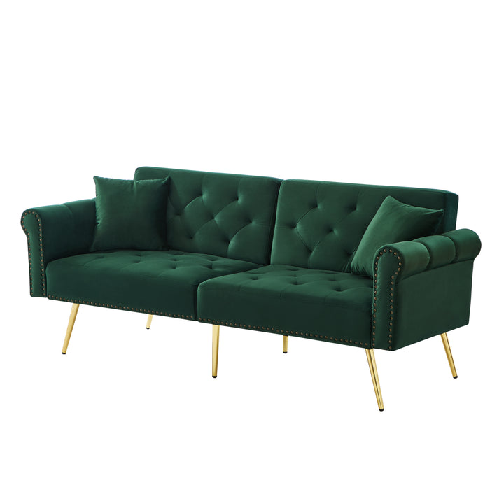 Green velvet 2-seater sofa bed with adjustable backrest and gold legs CAKDERA
