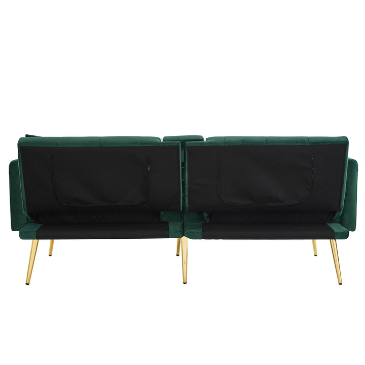 Green tufted velvet 2-seater sofa bed with adjustable backrest and hidden cup holders golden accent HYDROPON