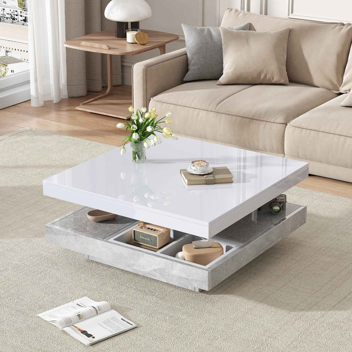 Rotating 360° white high-gloss coffee table marble-patterned, double-layer storage FLARENEXUSA
