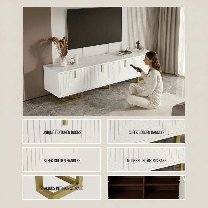 Modern luxury white TV stand textured geometric design with gold accents VIGOURE