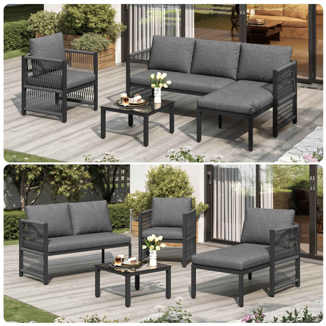 Garden furniture set 4-5 seater grey modular sofa with tempered glass table INFINITECASCD