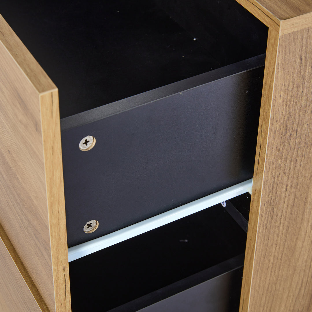 Wooden and Black Sideboard Cabinet with 3 Drawers, Glass Shelves and LED Lights 140 cm TRISHELF