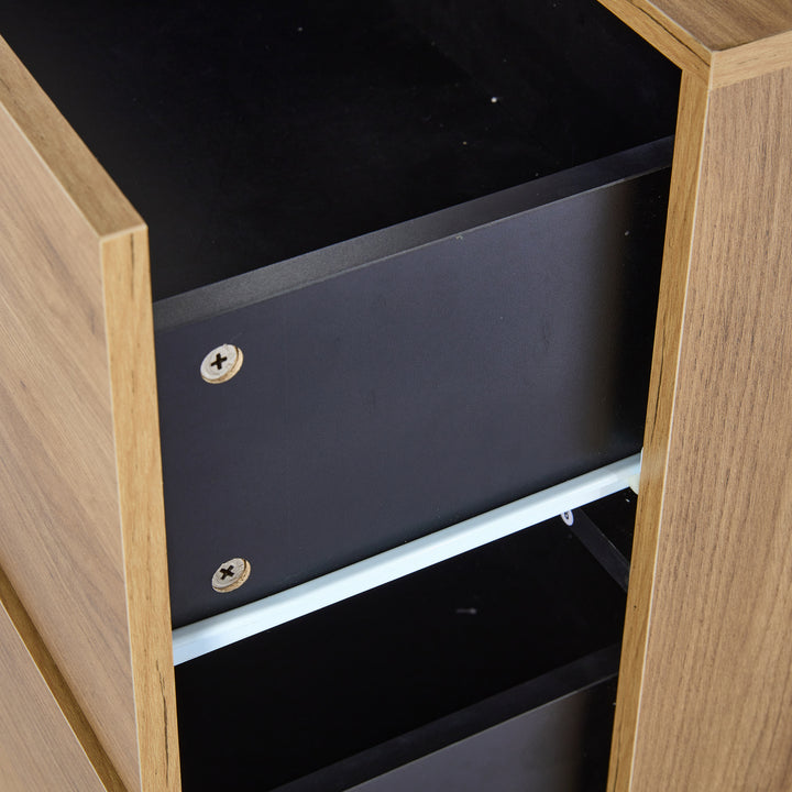 Wooden and Black Sideboard Cabinet with 3 Drawers, Glass Shelves and LED Lights 140 cm TRISHELF