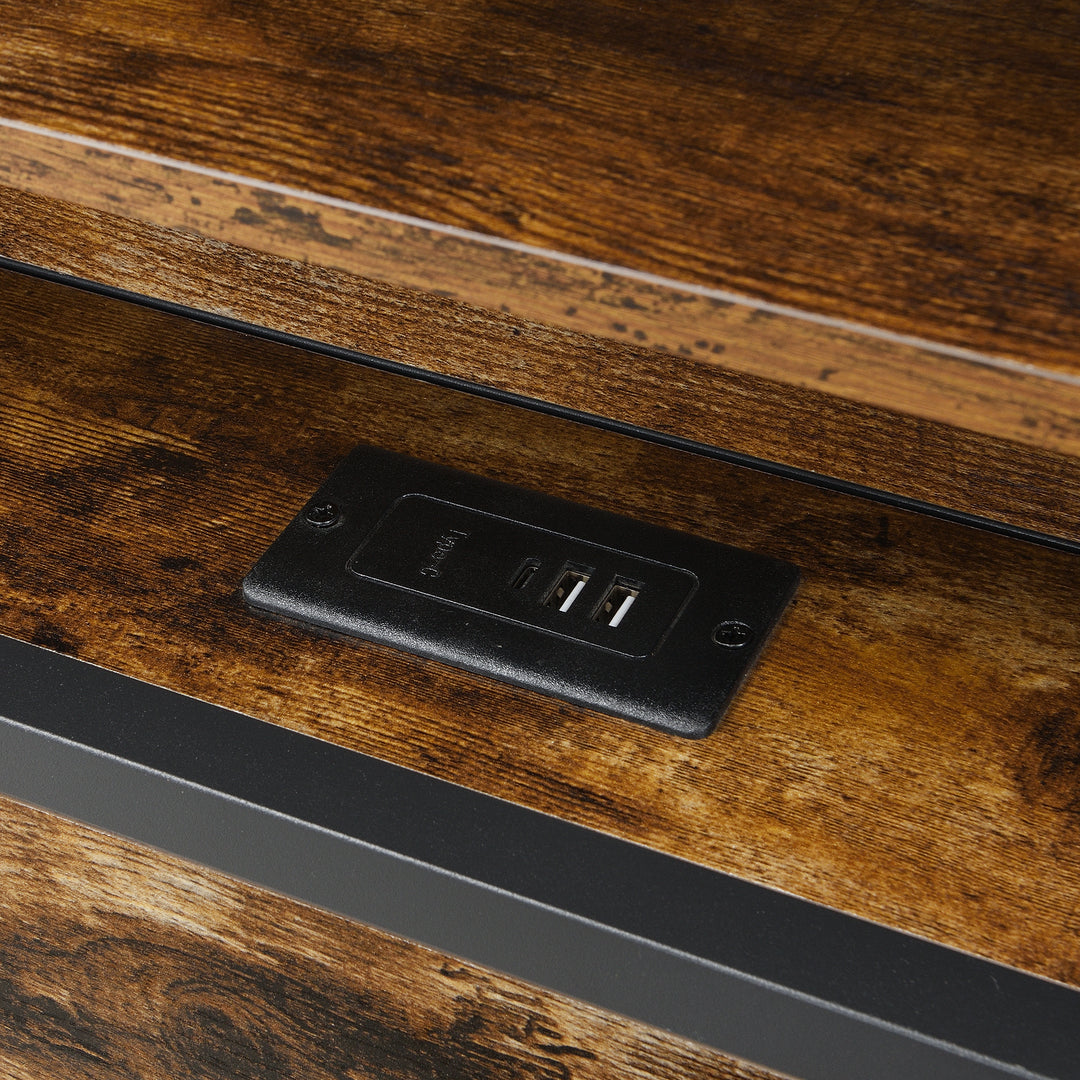 Multifunctional wooden look double bed&nbsp; with LED lighting, 2 drawers & charging ports (135x190cm) ELATERSPRING