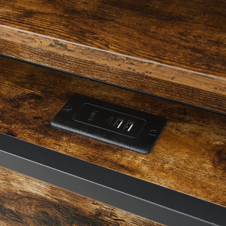 Multifunctional wooden look double bed&nbsp; with LED lighting, 2 drawers & charging ports (135x190cm) ELATERSPRING