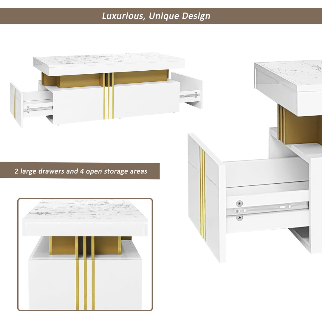 White marble look coffee table with gold accents and 2 drawers CREPUSCRAY