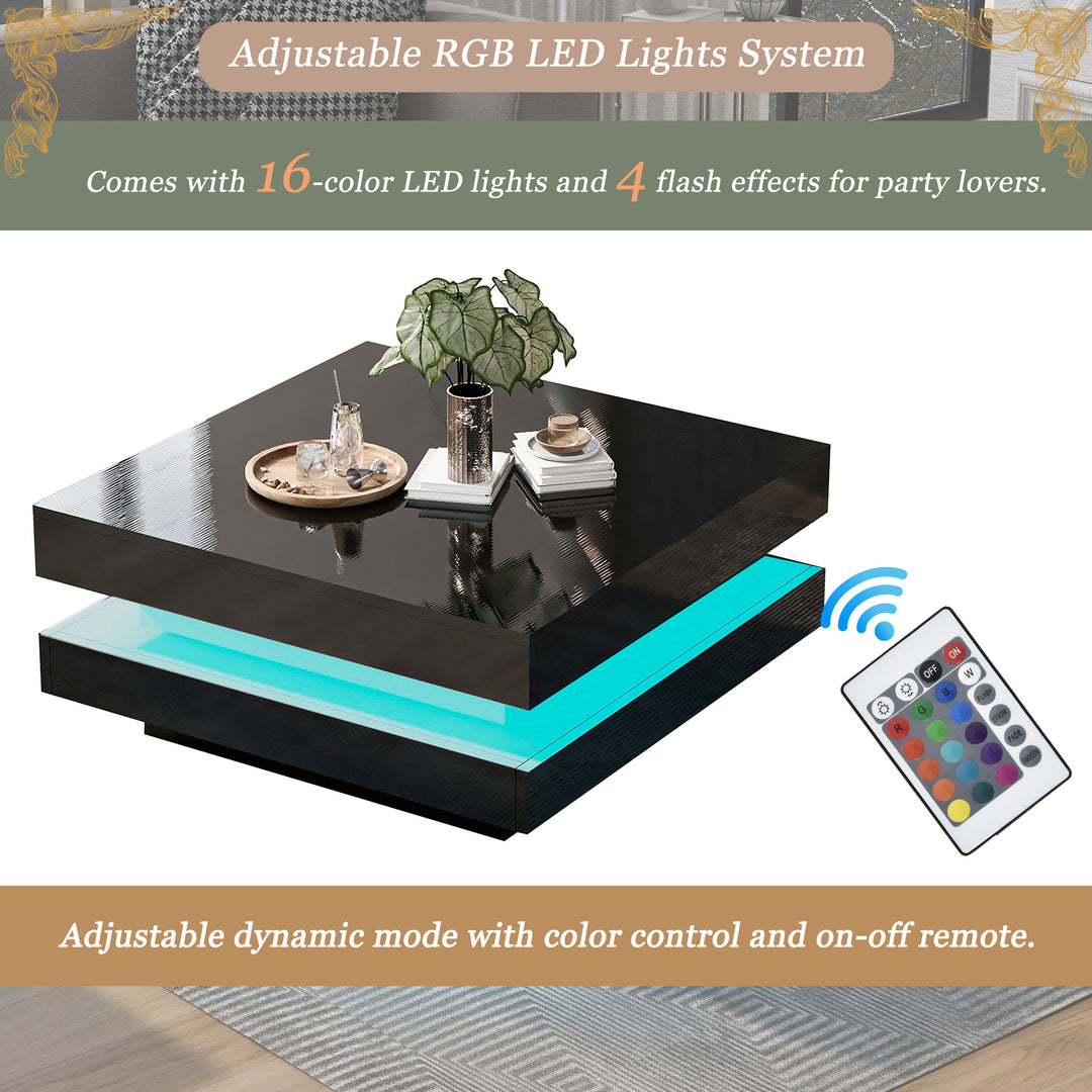 Black high gloss square coffee table with 360° rotating top LED lighting KERATINSCALE