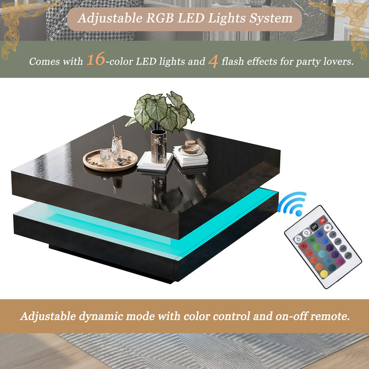Black high gloss square coffee table with 360° rotating top LED lighting KERATINSCALE