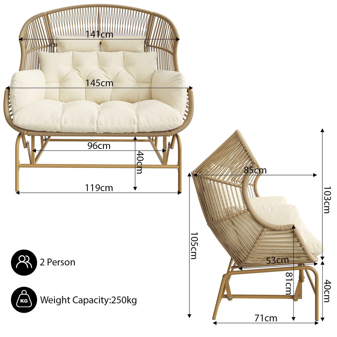 Garden rocking chair 2-seat PE Rattan beige swing with cushions FLAREINFINIX